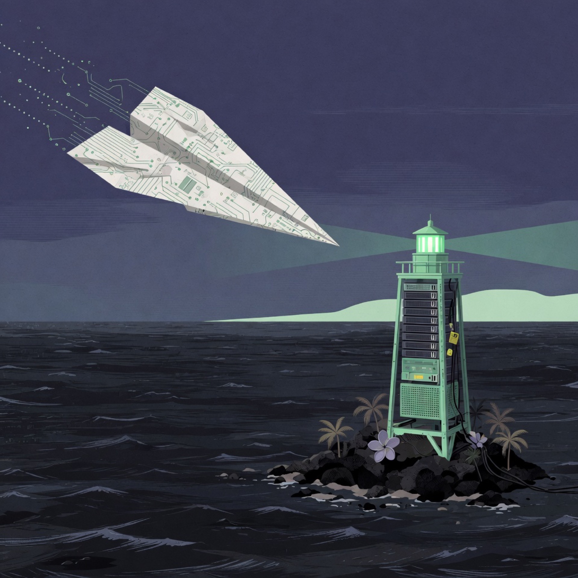 Circuit-board paper plane toward a lighthouse on a small islet