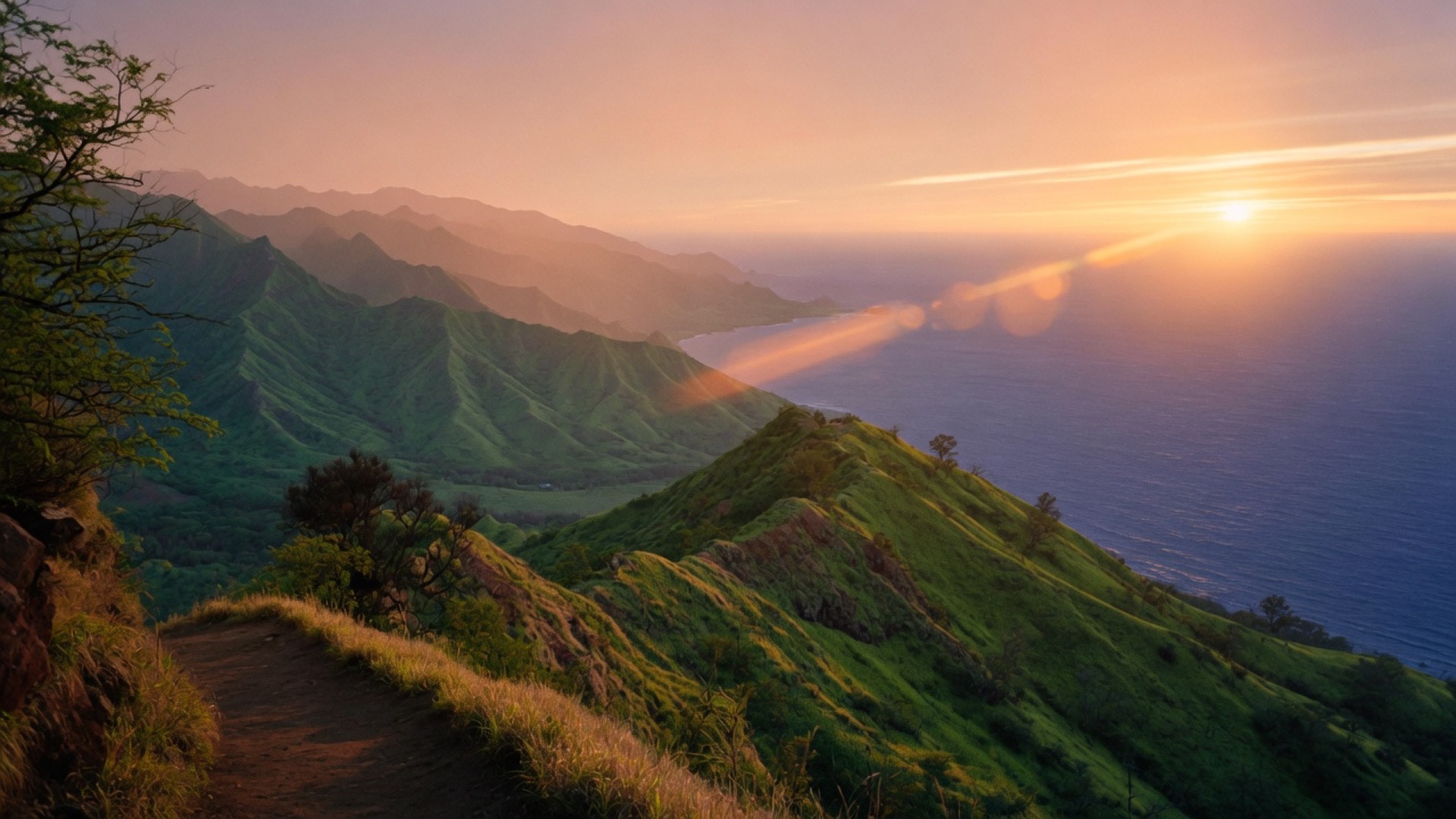 Oahu mountain ridge over the Pacific at golden hour